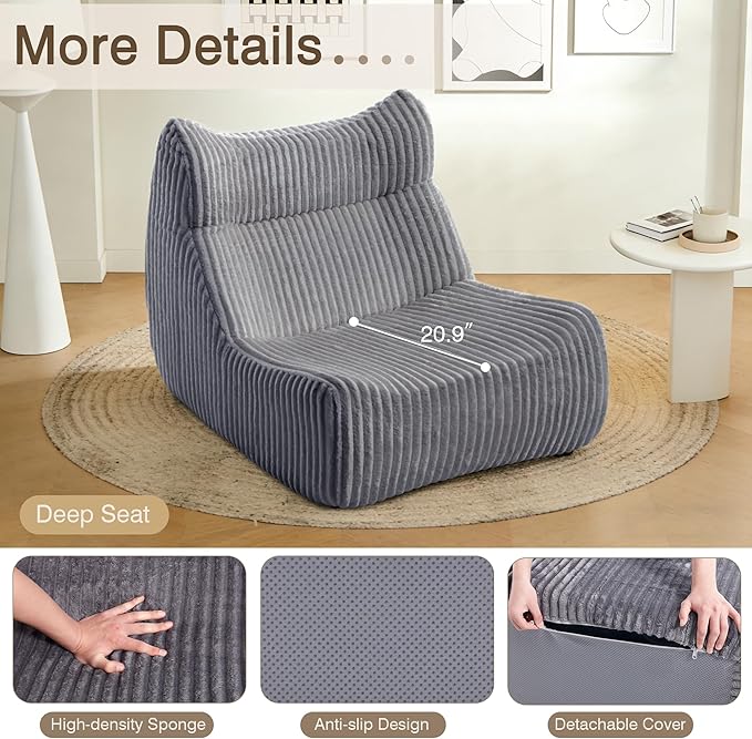 Big Bean Bag Chairs, Lazy Floor Sofa, Fireside Chair for Living Room, Bedroom, Office (Grey, Single Seat)