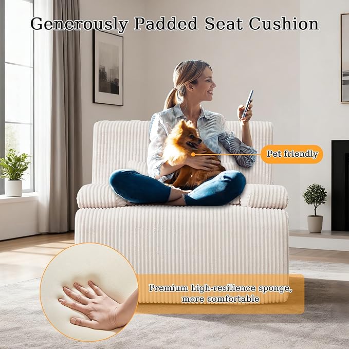 AHMED Boneless Chair, Corduroy Cloud Chair Foam Couch with Wide Armrest&Pillow, No Assembly Reading Single Sofa for Living Room/Bedroom/Apartment, Beige,Single