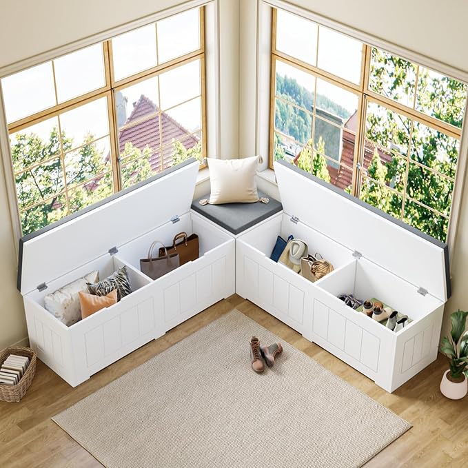 L-Shaped Corner Storage Bench Compartments & Cushioned Seat, Kitchen Breakfast Nook Bench with Hidden Storage, Wood Flip-Top Shoe Benches for Entryway Cloakroom, White & Grey
