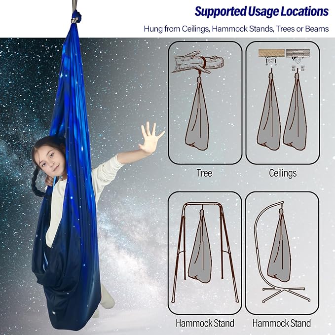 Sensory Swing for Kids Holds up to 300lbs Indoor & Outdoor Therapy Cuddle Swing with Hammock Hooks Hanger Kit for Calming, Effect for Autism, ADHD or SPD. (Space Blue)