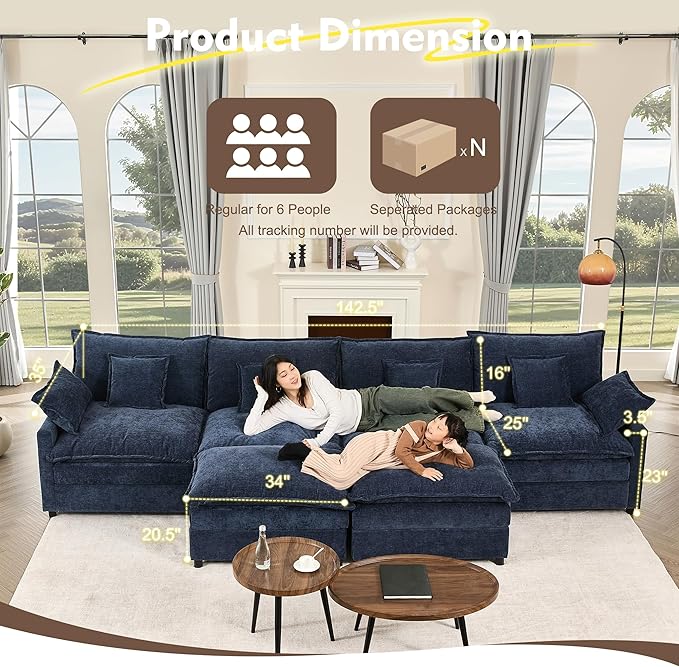 GOSUHI 142.5" U Shaped Couch, Modular Sectional Sofa, 3-Seater Comfy Cloud Couch with Movable Ottoman, Deep Seat Couches for Living Room, Chenille, Navy
