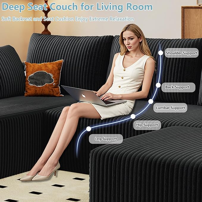 96" W Cloud Sectional Couch with Ottoman,Modern U-Shaped Cloud Couch with Deep Seat,Comfy Corduroy 3-Seater Sofa,Memory Foam Sofa for Living Room,No Assembly (Black,Left-Facing Chaise)