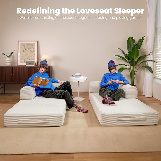 79" Convertible Sofa Bed, Boneless Corduroy Sleeper Foldable Modular Couch, Memory Foam Compressed Sofa in A Box, Folding Mattress Floor Couch for Small Space Living Room Apartment Bedroom, White