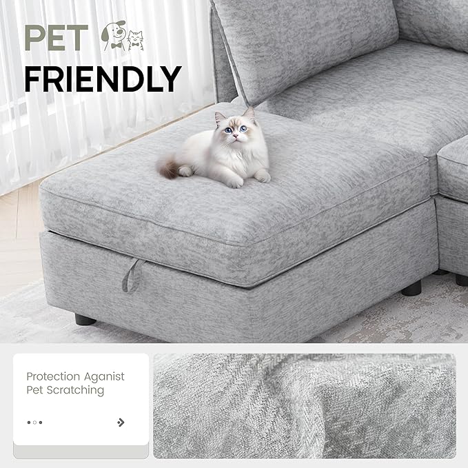 Oversized Modular 6 Seater Sofa with Removable Covers and Storage, Convertible U, L-Shaped and Sleeper Sectional, Modern Sectional Couch with Ottoman Chaise for Living Room, Bedroom, Apartment, Gray