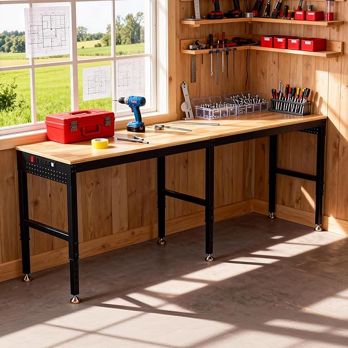 Betterhood 96" Adjustable Workbench, 5000 LBS Heavy Duty Work Table with Power Outlets & Pegboard, Rubber Wood Workstation for Garage, Workshop, Office, Home, Commercial