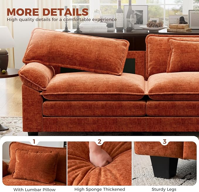 CDCASA 86" Modular Sectional Sofa, Comfy Cloud Couch with 2 Movable Ottoman, 4-Seater Chenille Deep Seat Sofa Bed Modern Sofa Couch for Living Room, Terracotta Orange