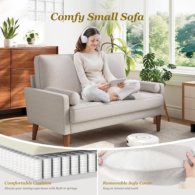 Vesgantti Loveseat Sofa with Solid Wood Legs, 48" Small Couches for Small Spaces, Love Seat for Living Room, Bedroom, Easy Assembly Mid Century Modern Couch with Throw Pillow for Apartment, Ashbeige
