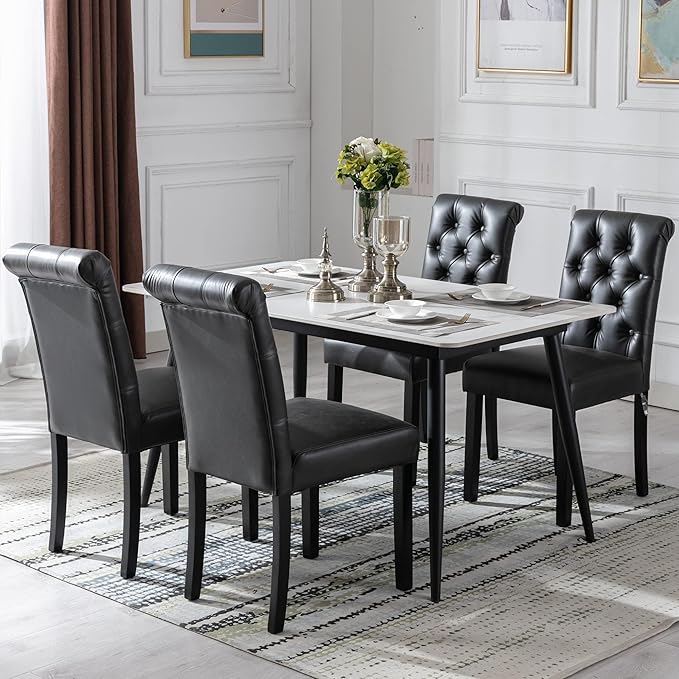 chairus Dining Chairs Set of 6 Mid Century Modern Living Room Chairs with Button Tufted High Back PU Leather Armless Chair Comfy Upholstered Side Chairs for Kitchen/Restaurant/Bedroom, Black
