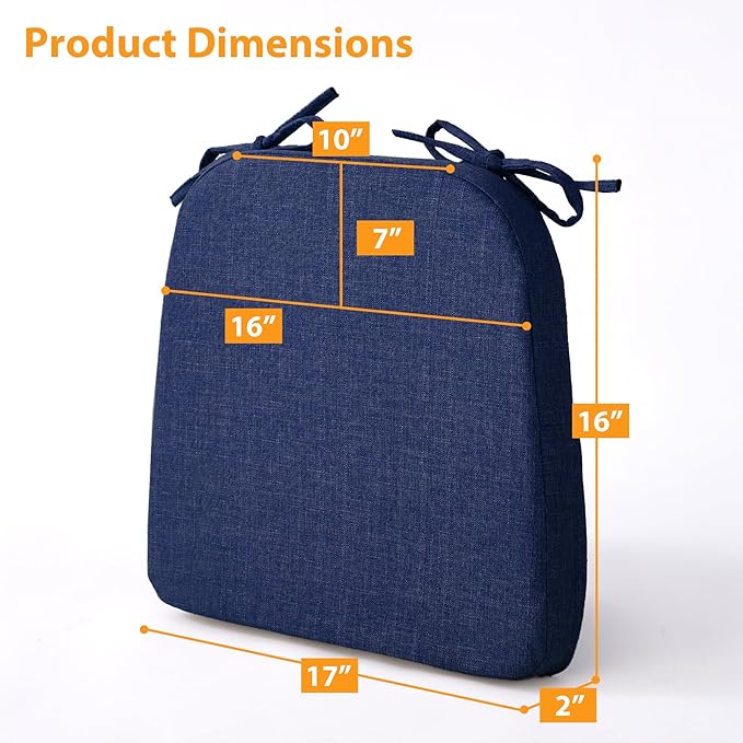 Ruqmuis Chair Cushions for Dining Chairs, 2" Thick Seat Cushions for Kitchen Chairs, D-Shaped Chair Pads with Washable Cover, Ties and Non Slip Backing, 17'' x 16'', Set of 6, Blue