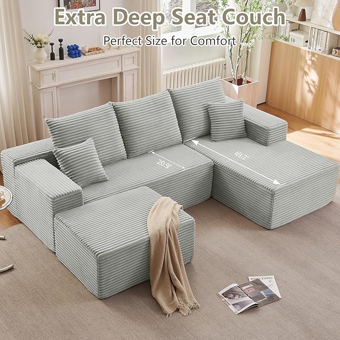 Lakifun 107" U-Shape Cloud Couch, Modern Modular Sectional Comfy L-Shape Sofa with Ottoman, Deep Seat, Upholstered Corduroy Sleeper Chaise Longue for Living Room Bedroom, No Assembly Required, Grey