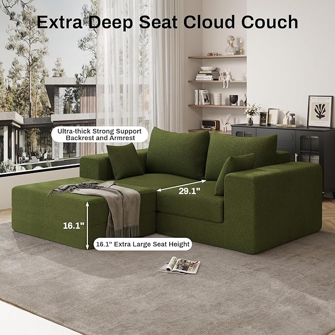 DAMAIFROM 80" Convertible Sleeper Sofa Bed with Soft Pillow, Corduroy Folding Mattress Couch with L-Shape Chaise, Modular Floor Sofa Lounge Couch for Living Room Bedroom Lounge (Olive Green)