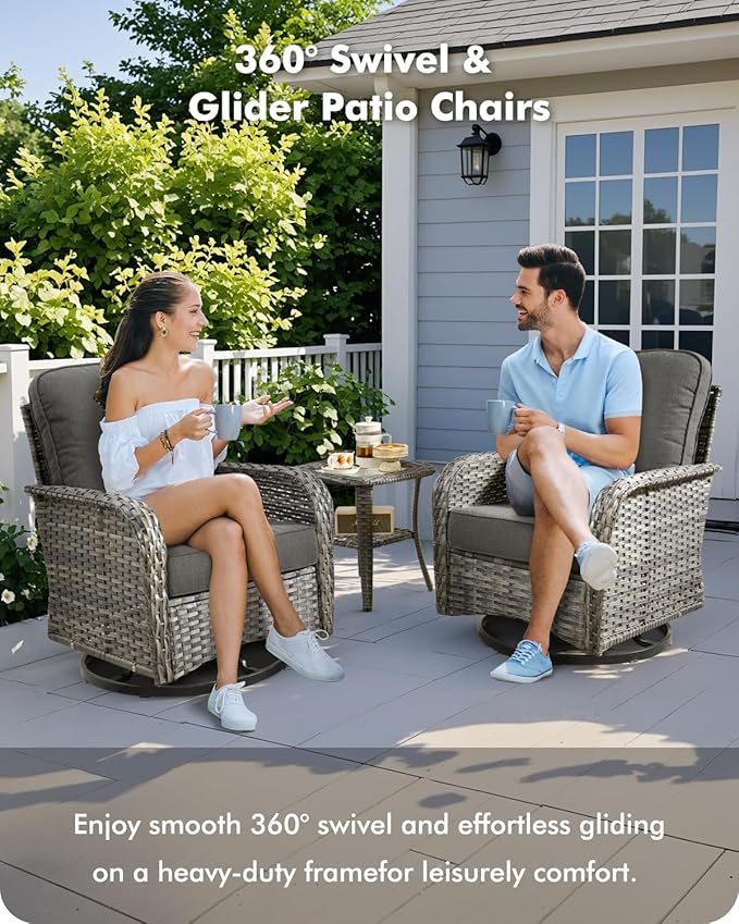 CAODOC 5 Pieces Patio Furniture Set,Outdoor Furniture with Rockers, Rattan Conversation Sets w/Coffee Table, Grey Wicker Black Cushion