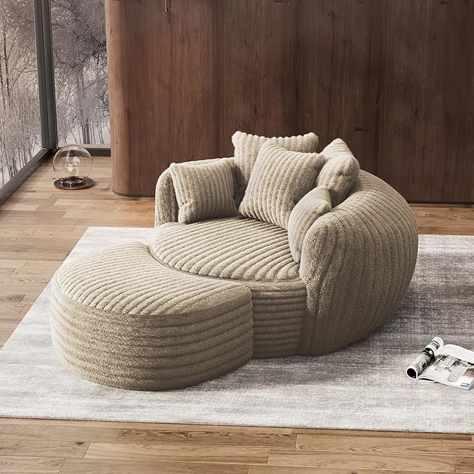 Oversized Chaise Lounge Chair Indoor with Ottoman 50.5" W x 67.0" D Round Soft Corduroy Comfy Oversized Reading Chair with 5 Pillows for Living, Reading Room - Camel