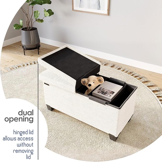 Storage Ottoman Bench with Bins, 30-in Storage Bench for Bedroom End of Bed, Folding Foot Rest Ottoman for Living Room Max 660lbs, Fabric Ottomans, Cream