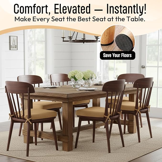 D-Shaped Indoor Chair Cushions 17" x 16" for Kitchen & Dining Chairs – 2'' Thick Seat Pads with Ties & Non-Slip Backing, High-Density Foam, Machine-Washable Covers, Set of 2 with Chair Leg Pads, Khaki