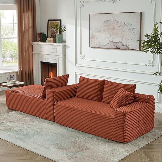 HYJT-H&K Modular Sectional Sofa Cloud Sectional Couch, 95" Comfy Fluffy L Shaped Orange Couches for Living Room, Deep Seat Memory Foam Plush Corduroy Boneless Couch Sectionals Left Facing Chaise Sofa