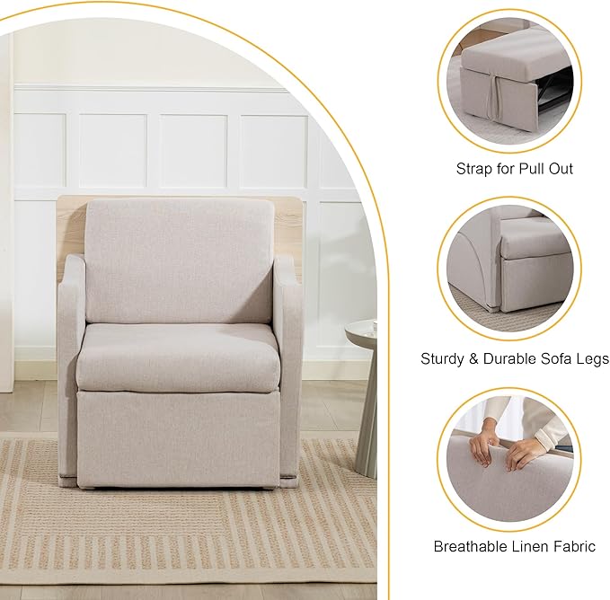 Reading Chair, Chaise Lounge Chair Indoor, 3 in 1 Multiple Convertible Pull Out Lounge Couch, Fabric Reading Chairs, Single Sleeper Sofa with Adjustable Backrest for Dorm, Bedroom, College, White