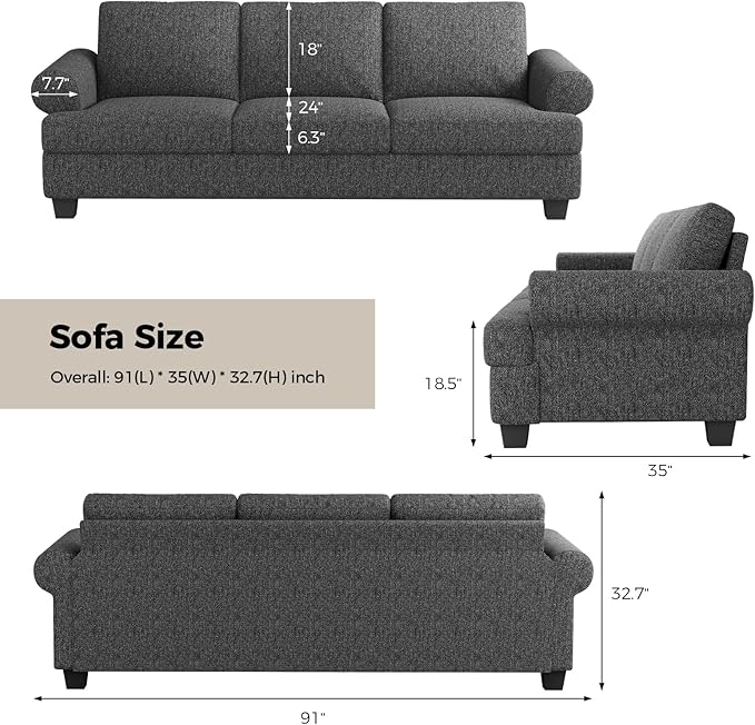 COPIAE 91 Inch Lawson Sofa with Extra Deep Seats Oversize, Mid-Century 3-Seat Sofa Couch, for Living Room, Apartment, Lounge, Dark Gray