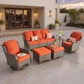 ovios 6 Pieces Patio Furniture Set, Outdoor Wicker Sofa Couch with Swivel Chairs Ottomans Comfy Cushions, High Back Modern All Weather Conversation Sets, Brown Rattan, Orange Red