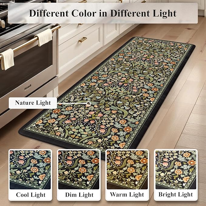 Collive Kitchen Floor Mat Cushioned Anti Fatigue, Boho Floral Desk Mats Non Skid Waterproof Kitchen Sink Rugs Sets of 2, Memory Foam Comfort Standing Carpet for Office, 20" x 47" + 20" x 32", Black