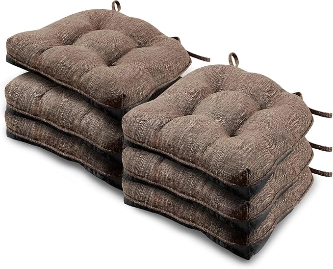 Basic Beyond Chair Cushions for Dining Chairs 6 Pack, Kitchen Chair Cushion with Ties and Non Slip Backing, 15.5 x 15.5 inches Tufted Chair Pads for Dining Chairs, Brown