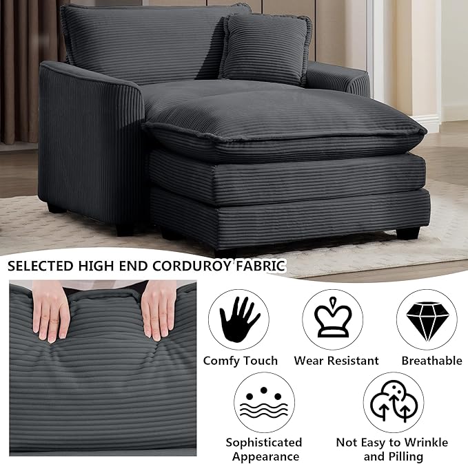 Aoowow Corduroy Large Armchair with Ottoman,Upholstered Indoor Chaise Lounge Chair,Oversized Single Sofa Chairs with Footrest,Single Cloud Sofas Couches for Living Room (Grey, Sofa Chair + Ottoman)