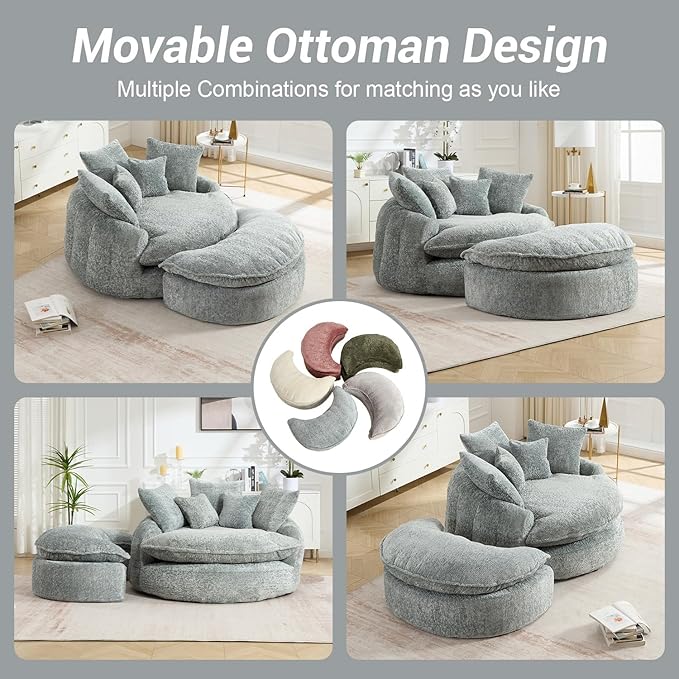 54" Oversized Round Chaise Lounge Indoor Boneless Bean Bag Chair with Movable Ottoman Fluffy Comfy Reading Chair Large Circle Cloud Couch Sleeper Sofa Bed for Living Room, Bedroom, Blue Gray