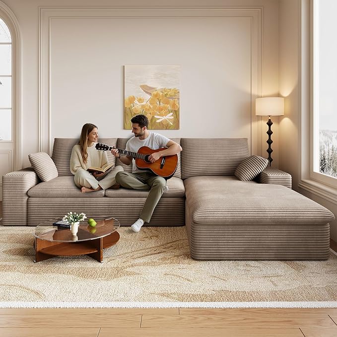 107 Inch Modular Sectional Sofa with Deep Seat, Corduroy Cloud Sectional Couch, Modern Boneless Couches with L-Shape Chaise for Living Room Bedroom, No Assembly Required (Camel, Right Facing Chaise)