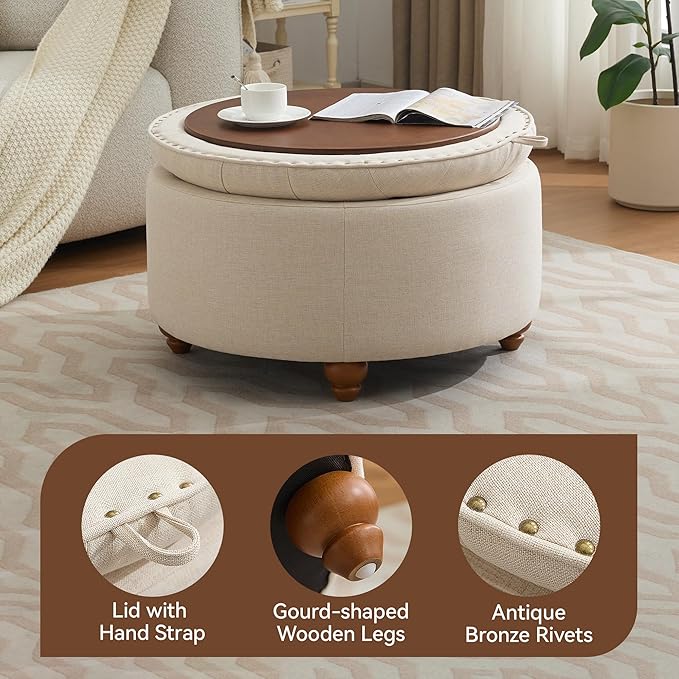 WUTUTUEE 30Inch Round Storage Ottoman with Tray, Modern Tufted Fabric Circle Coffee Table with Storage, Upholstered Ottoman with Removable Top for Living Room, Bedroom, Khaki