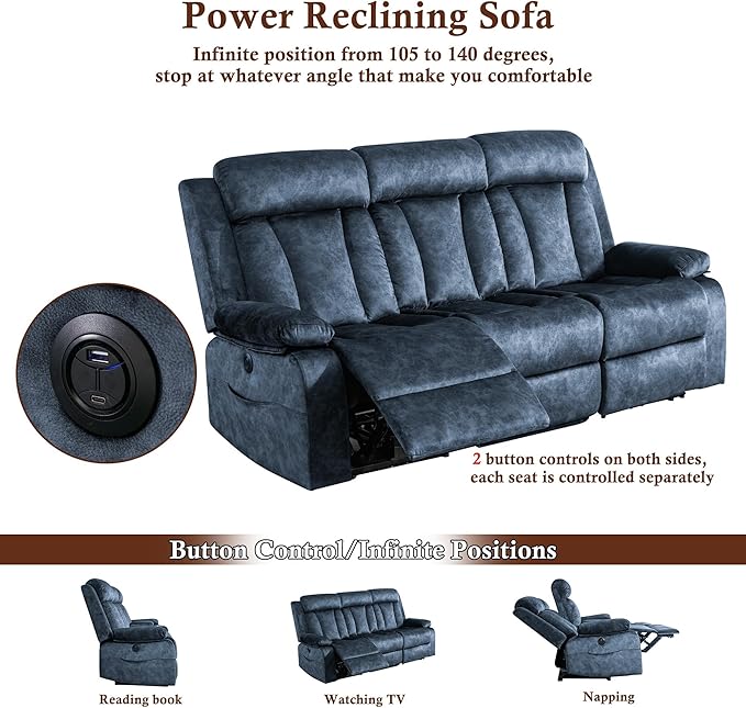 Power Reclining Sofa with Massage & Heat, USB & Type-C Ports, Drop-Down Tray Table, Cup Holders, Storage Pockets, Power Reclining Couch/Reclining Sofa 3 Seat, for Living Room, RV，Media Room 82" Blue