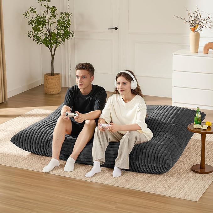 3-in-1 Giant Bean Bag Chair for Adults & Kids, Convertible Floor Sofa to Mattress, Memory Foam Beanbag Chair with Washable Cover, Multi Functional Lounge Couch for Bedroom, Living Room (Dark Grey)