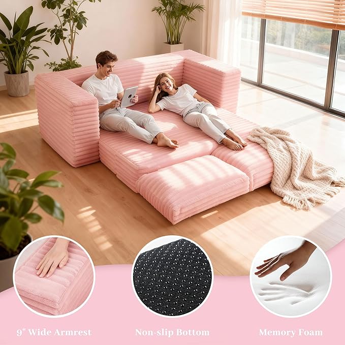 HABUTWAY Convertible Folding Sofa Bed Couch,3 in 1 Pull Out Couch Bed,Loveseat Sleeper Sofa Bed,Boneless Couches with Pillows for Living Room Bedroom, Light Pink