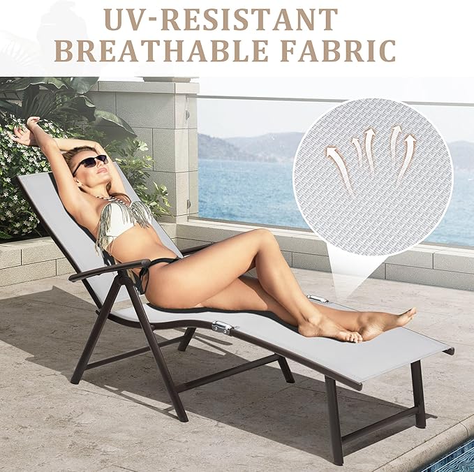 VredHom 2PCS Patio Chaise Lounge Outdoor Adjustable Folding Lounge Chair Recliner with 8 Adjustable Backrest Positions for Pool Beach Yard, Light Grey Textliene & Brown Aluminum Frame