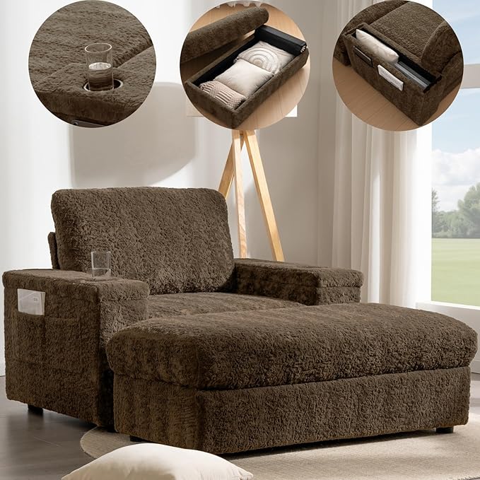Merax Oversized Sleeper Chair with Storage Armrest & Ottoman, Cup Holders, Cloud Upholstered Chaise Lounge Recliner, Deep Seat Reading Couch Sofa Bed for Living Room Bedroom, Antique Brown