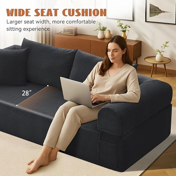 83" Sofa in a Box, 3 Seater Couch No Assembly Boneless Sofa Bed with Cushion Back 2 Matching Pillows Deep Seat Corduroy Fabric Side Storage Pockets for Living Room, Bedroom, Apartment, Office, Black