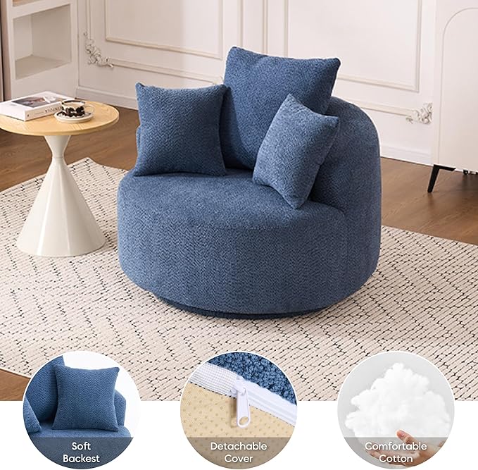 Yoglad 38.58'' Swivel Round Chair, Comfy Boucle 360° Accent Chair with Thick Cushion, Oversized Modern Single Sofa with 3 Pillows, Soft Armchair for Nursery, Living Room, Bedroom, Office (Blue)