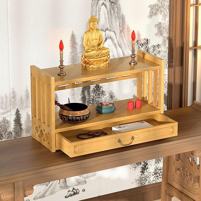 Low 3-Tier Meditation Table with Drawer,Bamboo Altar Tables,Puja Desks,Tatami Desk,20.4”W,Wood Color