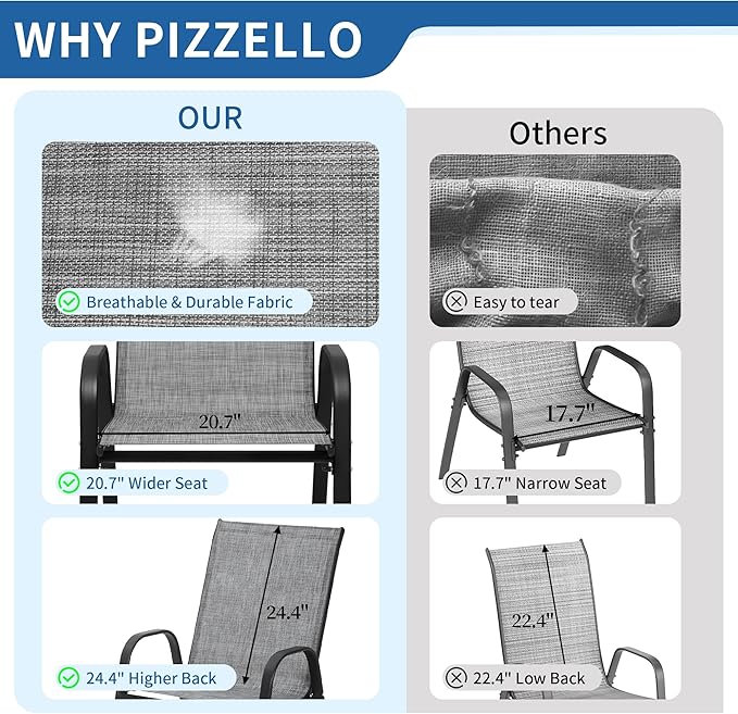PIZZELLO Patio Chairs Set of 4 - Outdoor Stackable Dining Chairs for All Weather - Breathable Textilene Outdoor Chair Sets with Curved Armrests - 300Lbs Capacity - for Lawn Backyard Garden (Grey)