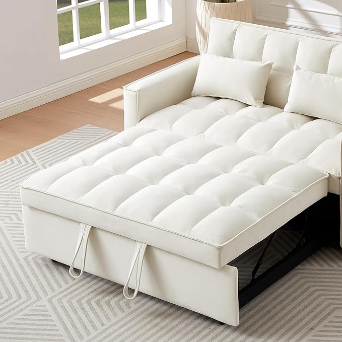 3 in 1 Convertible Sleeper Sofa Bed, Futon Couches for Living Room with Side Pocket | Adjustable Backrest| Velvet Fabric | Pull Out Couch | Love seat Sofa|2-seat Sofa Bed (GEIGE)