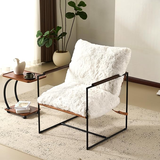VINGLI 28" Wide Plush Upholstery Sling Modern Accent Chair Set of 2, Cute Reading Armchair with Removable Seat Cushion & Tan Microfiber Seat Base, Lazy Chair for Bedroom & Lounge, White