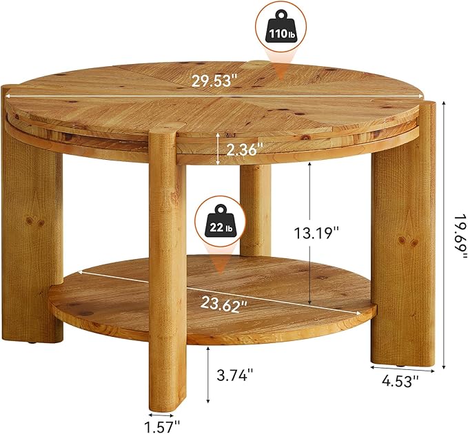 TRIBEWOOD Round Solid Wood Coffee Table, 29.5" Small Farmhouse Circle Accent Center Tables with Storage Shelf for Living Room, 2 Tiers Open-Style Storage Cocktail Tea Furniture, Rustic Brown