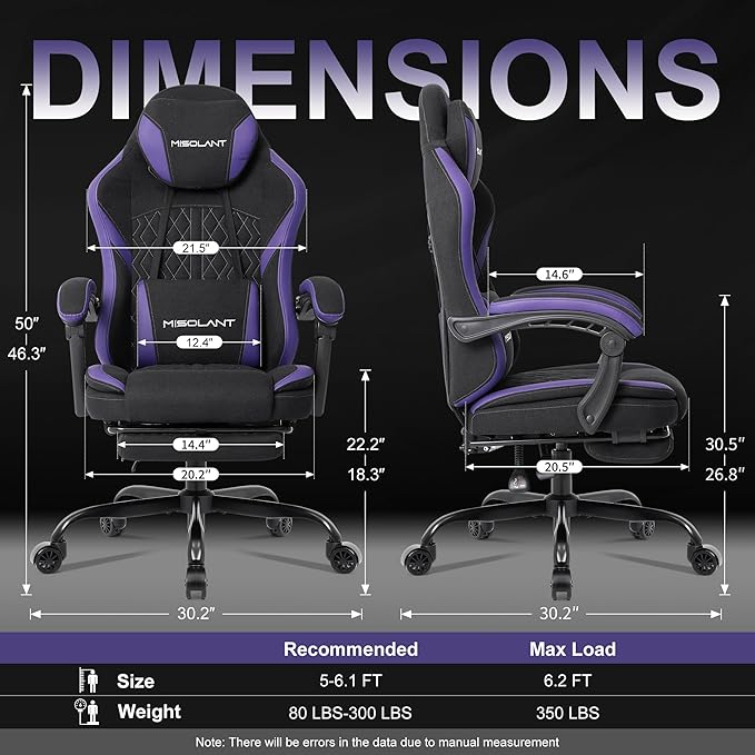 Misolant Gaming Chair, Fabric Gamer Chair with footrest for Adults, High Back Ergonomic Computer Game Chair with Adjustable Headrest and Massage Lumbar Support, 90-155° Recline Free, Purple