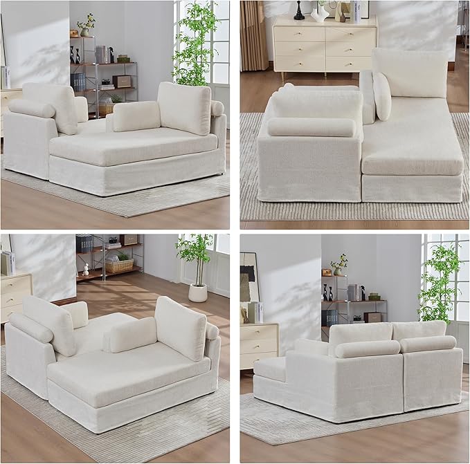 Arouseden 63" Beige Chaise Lounge Chair Indoor,Oversized Double Chaise Lounge with Headrests Offer Neck Comfort,Chenille Sectional Couch,Cozy Oversized Chairs with Armrests and Throw Pillows