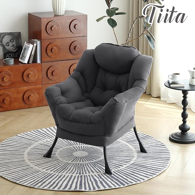 Tiita Lazy Chair, Modern Large Accent Lounge Armchair, Comfy Leisure Sofa Reading Chair for Bedroom, Living Room, Dorm Rooms, Garden and Courtyard, Dark Grey