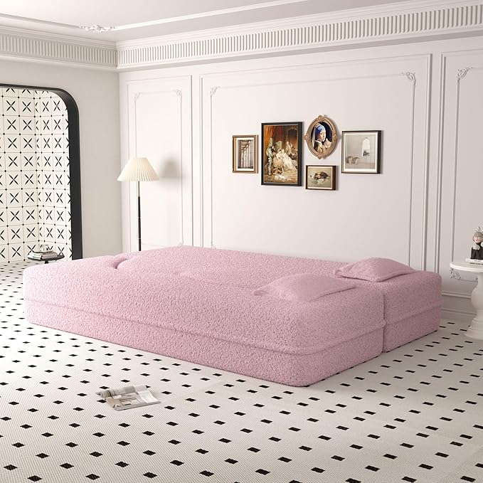 SZLIZCCC 78'' Modern Floor Sofa Bed, Convertible Teddy Fabric Sleeper with 2 Pillows, Modern Teddy Fabric Floor, Foam Folding Mattress for Living Room, Guest Bed, Playroom & Small Spaces (Pink)