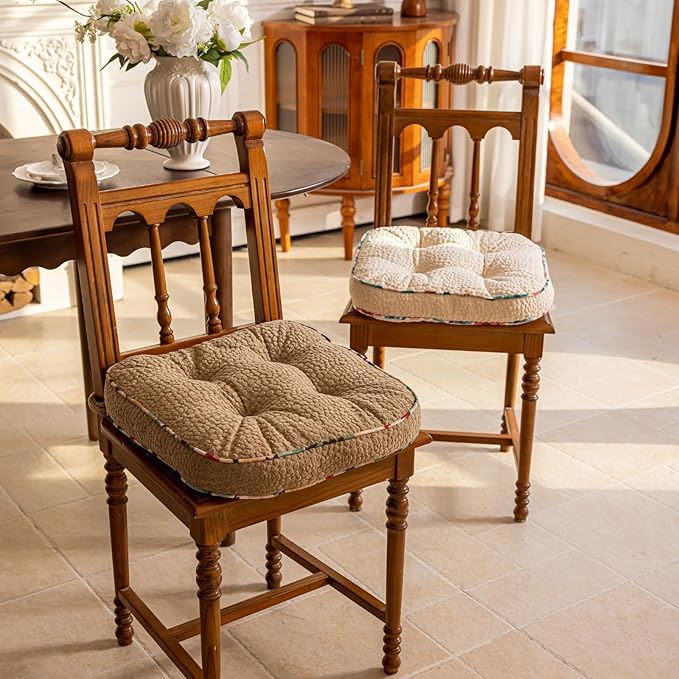 Soft Comfort Chair Pads with 3D Dots Pattern Jacquard Warm Square Chair Cushion with Ties Thicken Non-Slip Floor Pillow Fluffy Seat Cushion for Office Dining Kitchen (Coffee,15"x15")