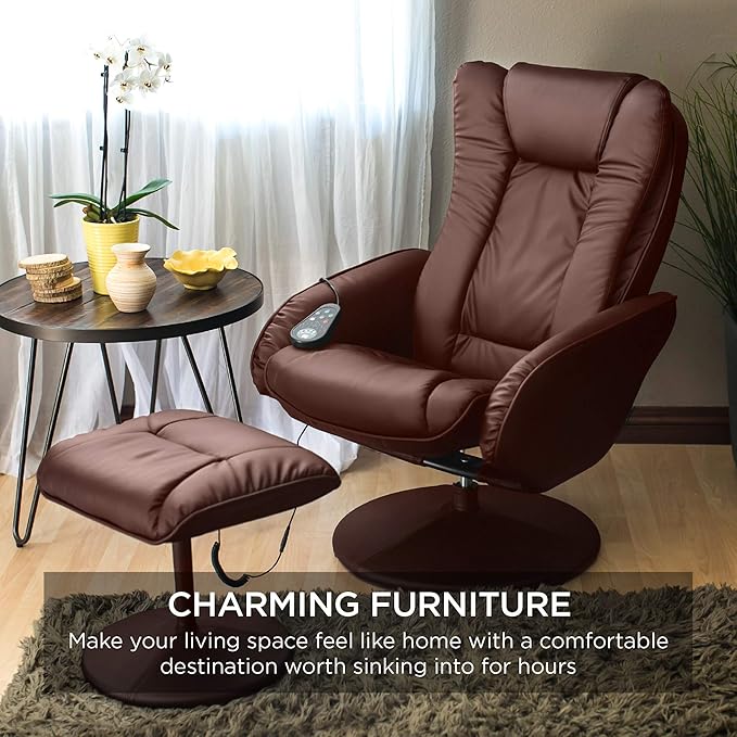 Best Choice Products Faux Leather Electric Massage Recliner w/Stool Footrest Ottoman, Remote Control, 5 Heat & Massage Modes, Side Pockets - Brown