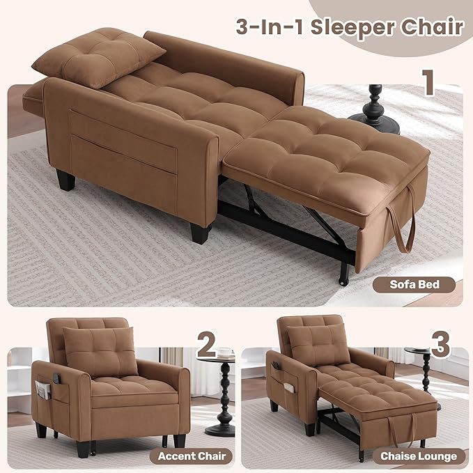 choairy Convertible Sleeper Chair, 3 in 1 Sleeper Chair Bed Pull Out Sofa Bed Chairs, Single Sofa Beds with Adjustable Backrest for Adults Reading Living Room, Bedroom, Velvet Brown
