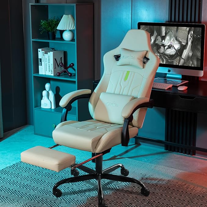 Gaming Chair with Footrest Ergonomic Computer Chair Massage Lumbar Cushion, Racing Video Game Chair Adjustable Rocker Recliner Executive Office Desk Chair Pu Leather for Adults