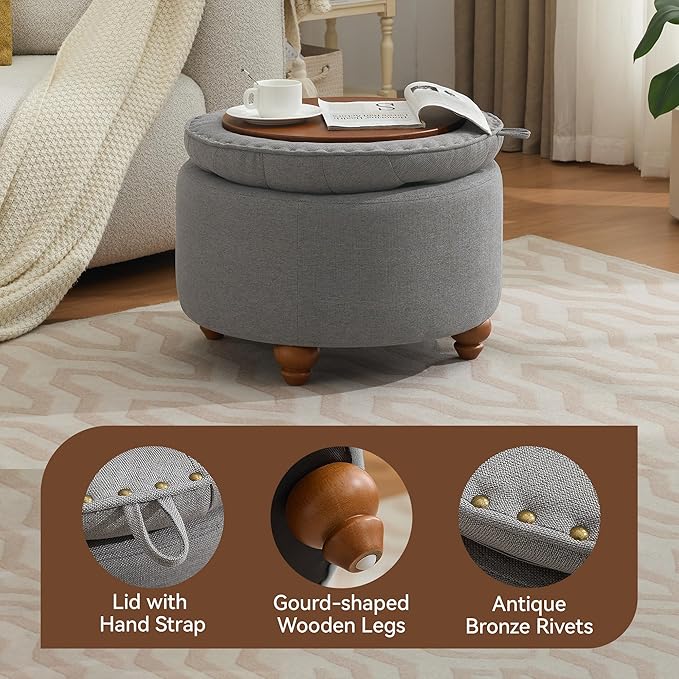 WUTUTUEE 24Inch Round Storage Ottoman with Tray, Modern Tufted Fabric Circle Coffee Table with Storage, Upholstered Ottoman with Removable Top for Living Room, Bedroom, Light Grey